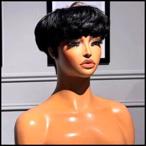 Short Pixie Cut Wig Human Hair Glueless Layered Bangs Daily Wear